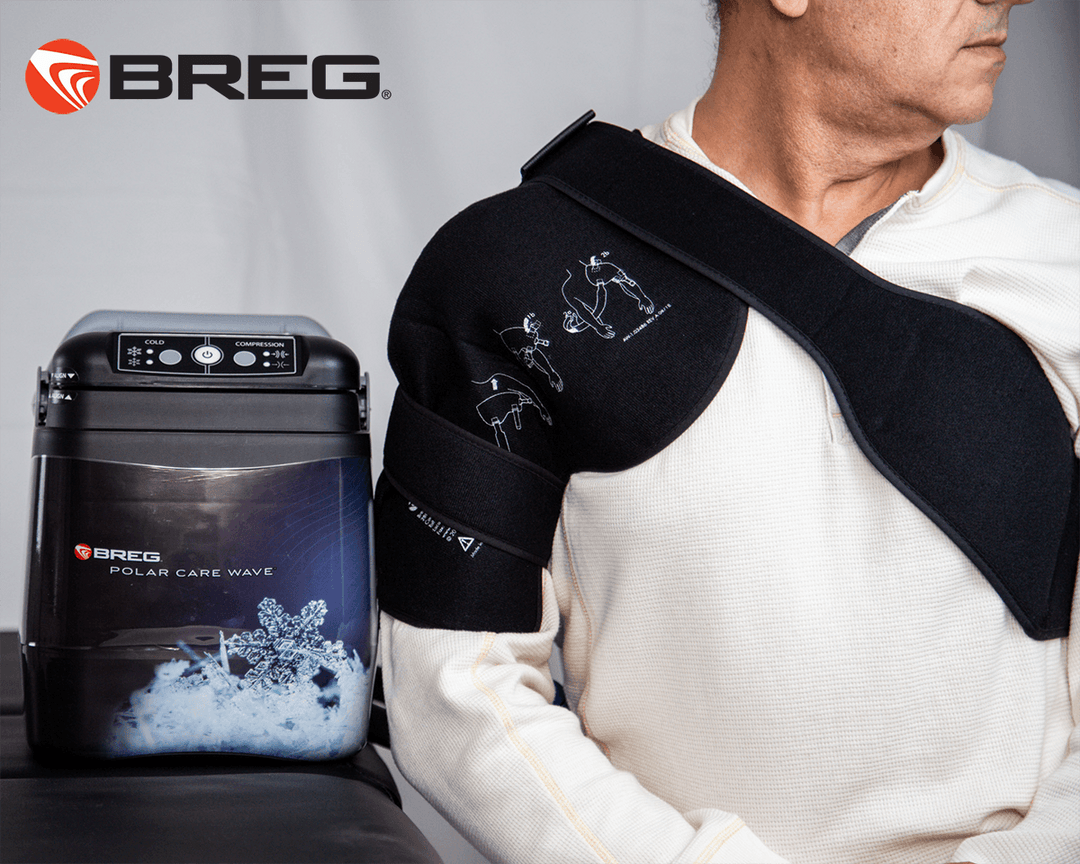 Breg Polar Care Wave cold therapy device and a man wearing a black shoulder cold therapy wrap