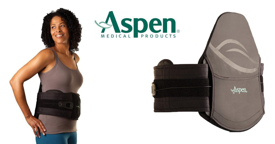 Woman wearing Aspen Horizon back brace by Aspen Medical Products with close-up of brace on white background