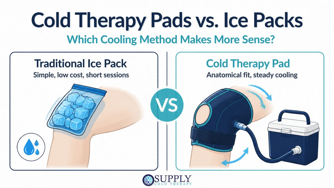 Side-by-side comparison of a traditional ice pack on a knee and a cold therapy pad connected to a cooler, from Supply Cold Therapy