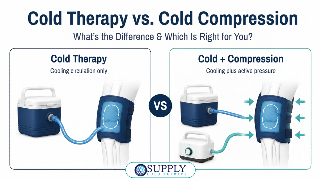 Comparison of a cold therapy machine and a cold compression machine showing circulating cooling versus cooling with active pneumatic compression.
