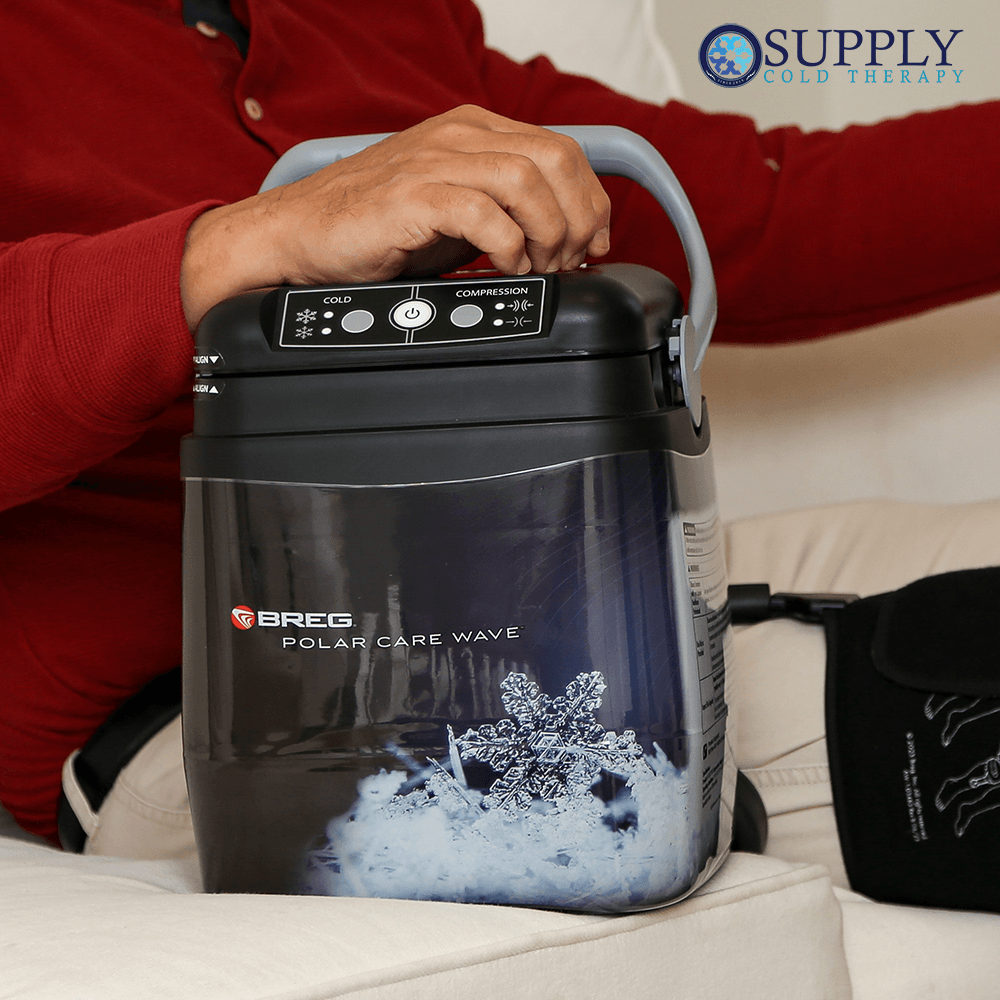 Person using Breg Polar Care Wave cold therapy device with compression for post-surgery recovery, Supply Cold Therapy logo