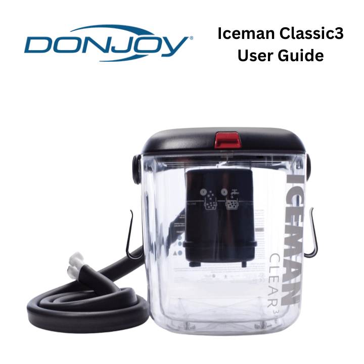 DonJoy Iceman Classic3 cold therapy device with attached hose and clear reservoir, user guide text