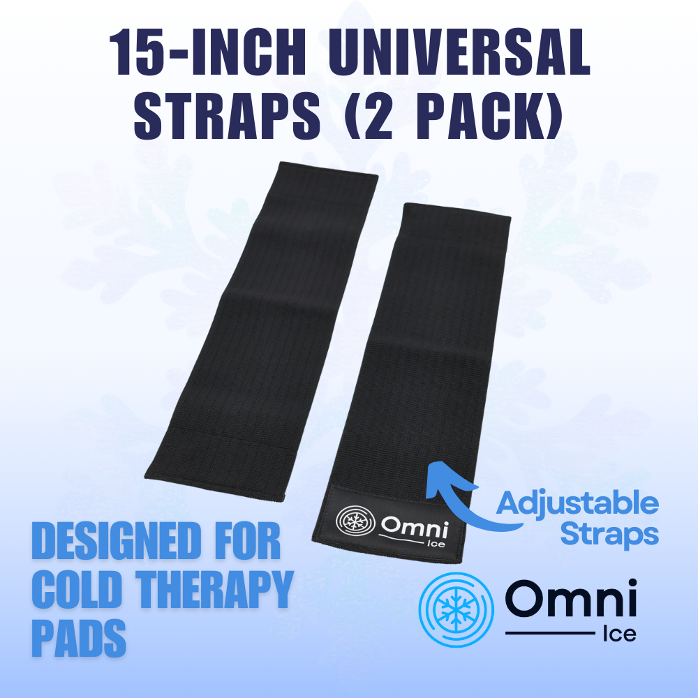 15-inch Omni Ice universal cold therapy straps 2 pack, adjustable Velcro for therapy pads.