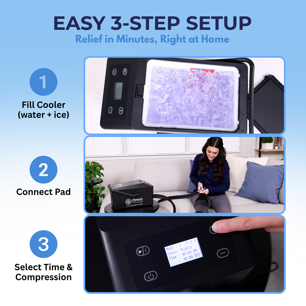 Easy 3-step cold therapy device setup with cooler, knee pad, and digital control
