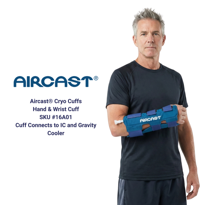 Man wearing Aircast Cryo Cuff for hand and wrist cold therapy, shown with product details.