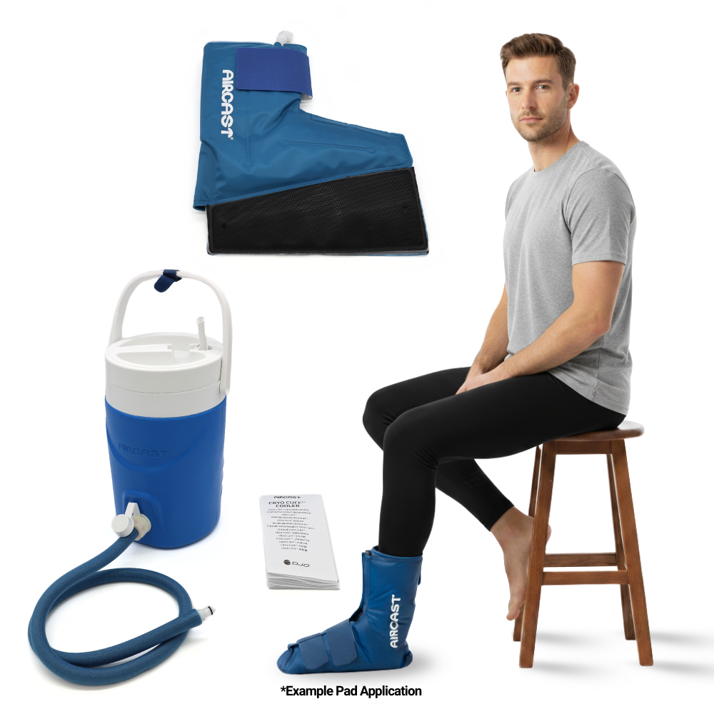 Aircast ankle cold therapy device with pad, cooler, and man demonstrating ankle pad use