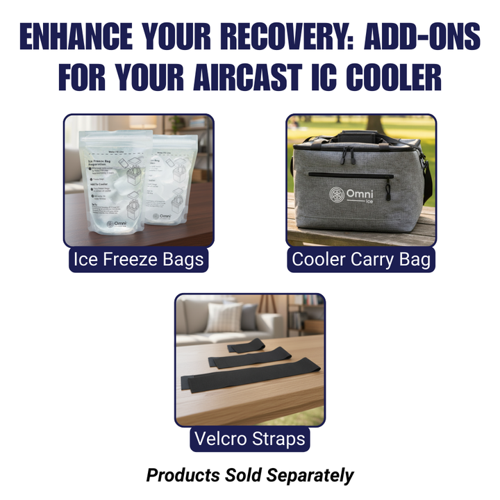 Aircast IC Cooler add-ons: ice freeze bags, cooler carry bag, and velcro straps on display.