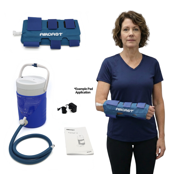 Aircast hand and wrist cold therapy system with pad, cooler, power adapter, manual, and example use