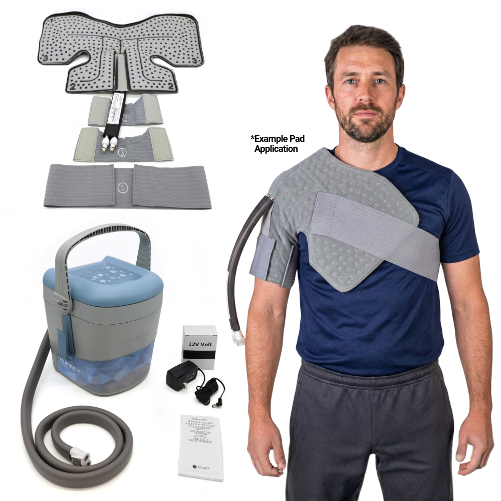 DonJoy Classic 3 cold therapy shoulder kit with pad, cooler unit, and man wearing pad