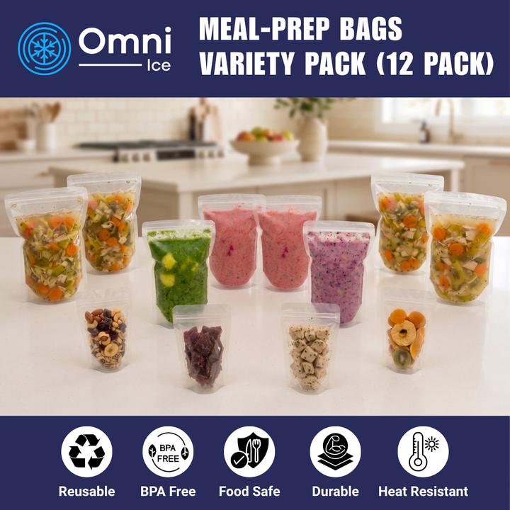 $35 Deal - Meal-Prep Bag Kit by Omni Ice™ Freeze & Reheat Variety Pack (12 bags 3 sizes) + Cooler